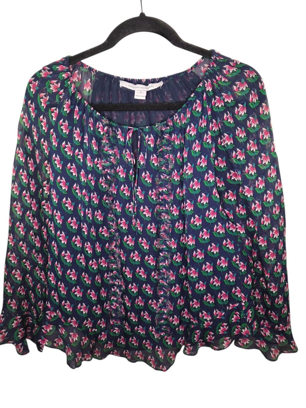 DVF/DIANE VON FURSTENBERG "SIMONIA"SILK ZEN FLORA BLOUSE TOP MIDNIGHT 8